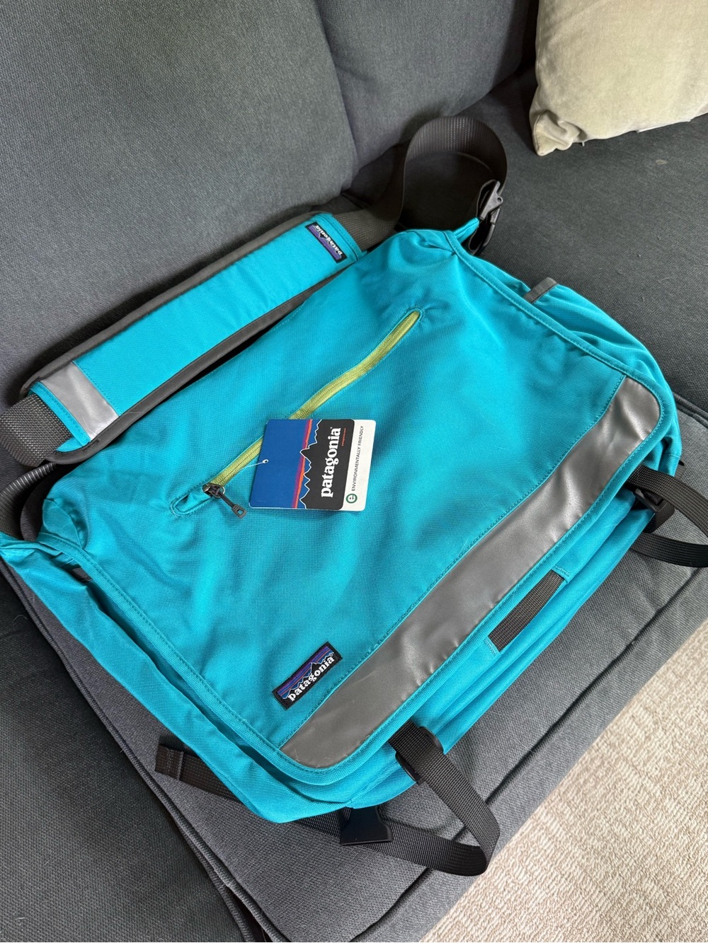 Patagonia Teal Messenger Bag with Reflective Trim